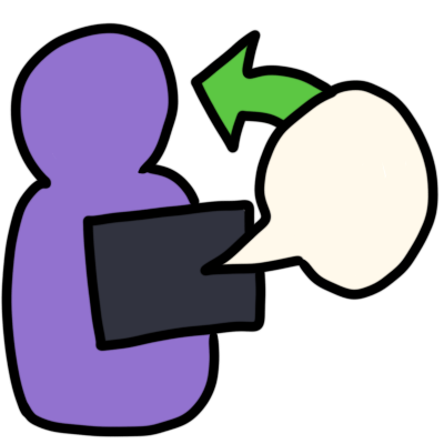 a purple figure with a dark grey rectangle, representing AAC, in front of them. white speech bubble comes from the reectangle out to the right, and green arrow points from that back to the purple figure.